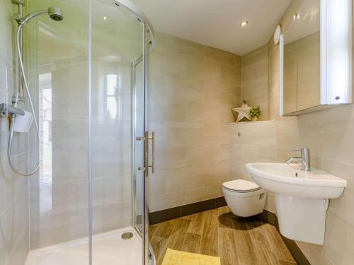 y baño con ducha, aseo y lavamanos. en 1 Bed in Great Torrington 76790 en Shebbear