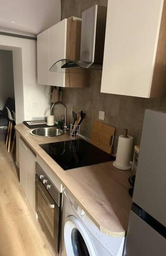 une cuisine avec un évier et une machine à laver dans l'établissement Appartement Avignon Intramuros avec jardin et barbecue, à Avignon