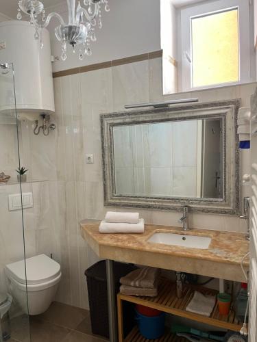 een badkamer met een wastafel, een spiegel en een toilet bij Mi Casa Ferhadija in Sarajevo
