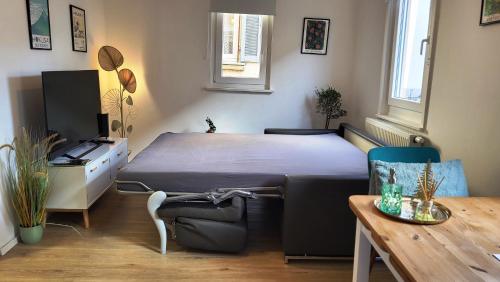 a bedroom with a bed and a table and a tableablish at Apartment Weberstrasse in Tübingen