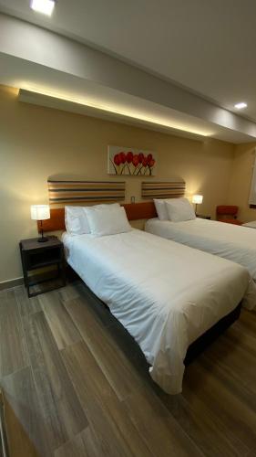 two beds sitting next to each other in a room at Adobe Suites in Salta