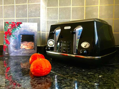 a toaster sitting on a counter next to two oranges at Best Kept Secret by the Sea in Famagusta