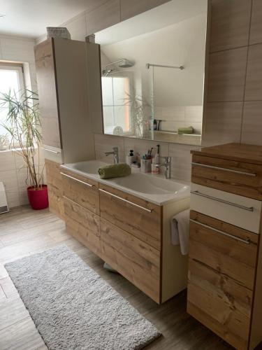 ein Bad mit einem Waschbecken und einem Spiegel in der Unterkunft Schmuckes Einfamilienwohnhaus in Spielberg