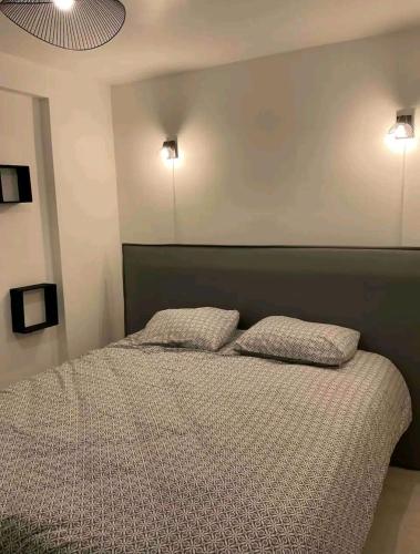 een slaapkamer met een bed met 2 kussens erop bij Face à Face avec la Seine aux portes de Paris in LʼÎle-Saint-Denis