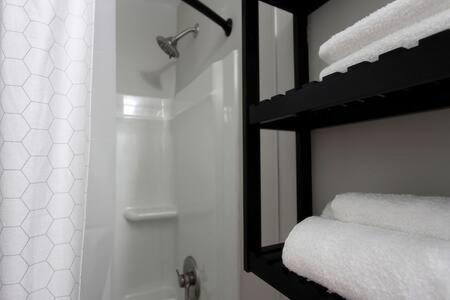 baño con espejo y ducha con toallas en Close to Beach, W&D, Pet friendly, Dunes, Casino, en Michigan City