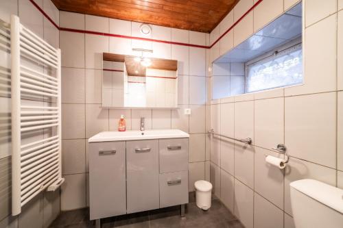 a white bathroom with a sink and a toilet at Chalet authentique en vallée verte in Bogève