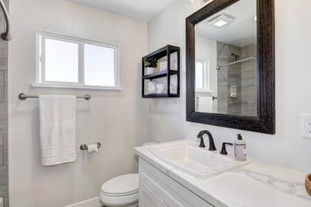 uma casa de banho branca com um lavatório e um espelho em New Listing Country Property Pet Friendly W&D em Loomis