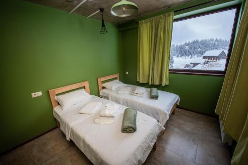 Duas camas num quarto com paredes verdes e uma janela em Bakhmaro Continent em Chʼkhakoura