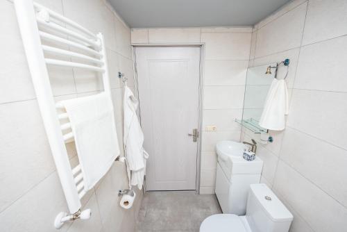 La salle de bains blanche est pourvue d'une douche et de toilettes. dans l'établissement Bakhmaro Continent, à Chʼkhakoura