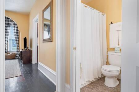 een badkamer met een wit toilet en een spiegel bij Beautiful downstairs 1bed 1bth charmer- Pet Friendly in Michigan City