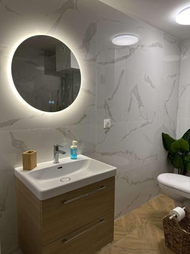 une salle de bain avec un lavabo et un miroir dans l'établissement Le Niou, Appartement avec Parking GRATUIT, à Marseille