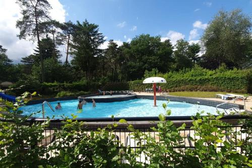 a group of people in a swimming pool with an umbrella at Familiehuis De Erica - 12 p in Otterlo