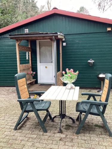 a picnic table and two chairs in front of a green building at De Heijense Molen Retro Camping in Heijen