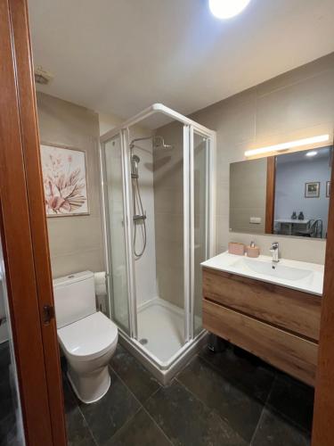 ピネダ・デ・マールにあるPrivate terrace 1BR apt - 4min walk to the beachのシャワー、トイレ、洗面台を備えたバスルーム