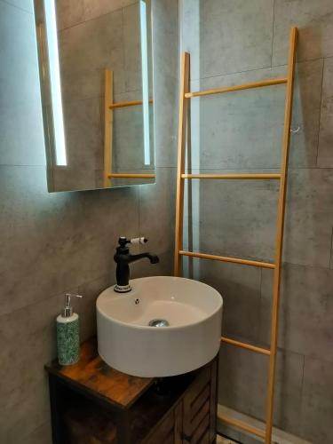uma casa de banho com um lavatório branco e um espelho. em La Cabane de Thau Location Cure ou Vacances à Balaruc les Bains em Balaruc-les-Bains