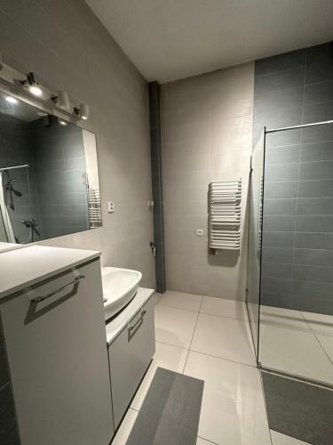 a bathroom with a sink and a toilet and a mirror at City Center Apartment in Krakow