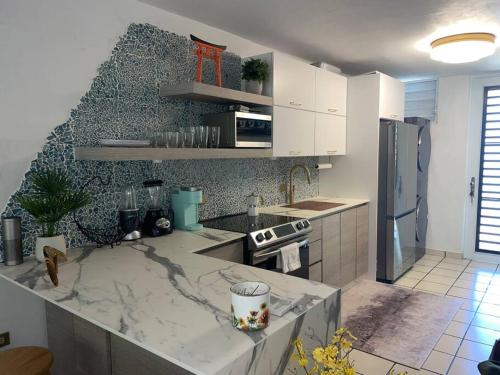 - une cuisine avec un comptoir en marbre dans l'établissement *NEW CampoMar Beachfront 2Bdrm Villa in Arroyo, à Arroyo
