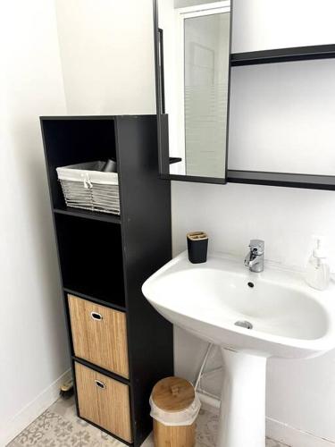 une salle de bain avec un lavabo et un miroir dans l'établissement T2 Quartier Mitrie - 2 personnes, à Nantes