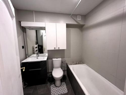 une salle de bain avec toilettes, baignoire et lavabo dans l'établissement Logement-Proche Strasbourg-rez de jardin-Centre, à Strasbourg
