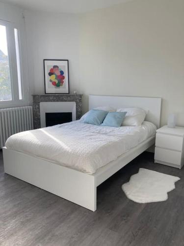 - un lit blanc dans une chambre avec cheminée dans l'établissement La chambre du coliving proche gare, à Agen