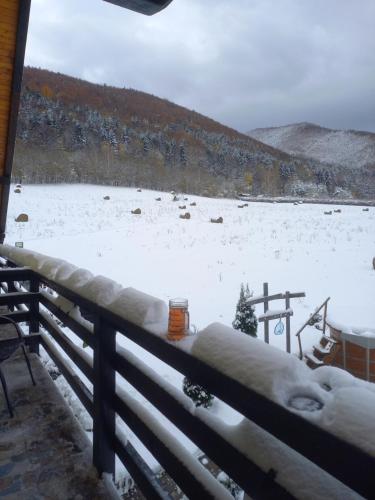 a bedroom with a view of a snow covered field at Pensiunea Natura Sadu in Sibiu