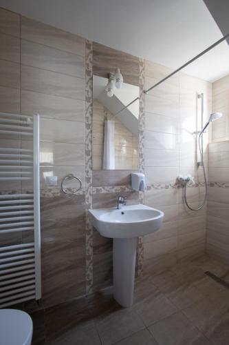 a bathroom with a sink and a shower and a mirror at CASUTA LANGA LAC in Colibiţa