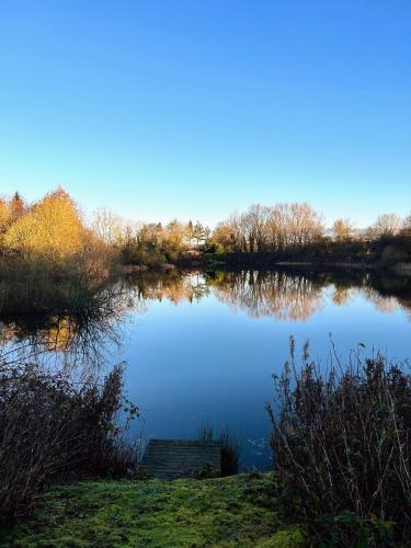 a view of a lake with trees in the background at 'Little Grebe' - Secluded Rustic Lodge - Fishermans delight. in York