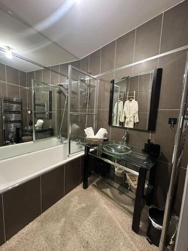 une salle de bain avec un lavabo et un miroir dans l'établissement Limoges Centre Appartement de Charme, à Limoges