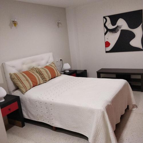 Un dormitorio con una cama blanca y una pintura en la pared en Rosa Ramona Rooms en San Salvador de Jujuy