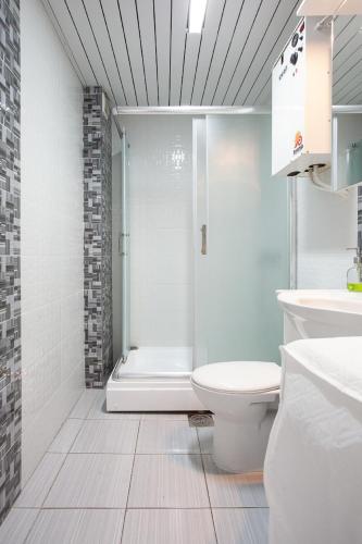 Un baño blanco con ducha y WC. en Urban Hostel & Apartments, en Skopje