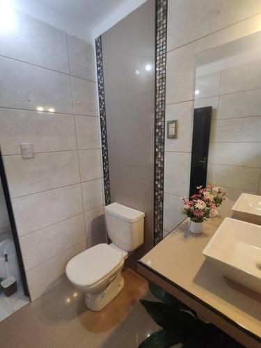 ein Badezimmer mit einem weißen WC und einem Waschbecken in der Unterkunft Alojamiento-frente al estadio 4 personas in Tarija