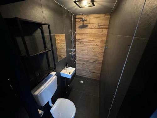 een kleine badkamer met een toilet en een wastafel bij Modern guest house. in Bergen