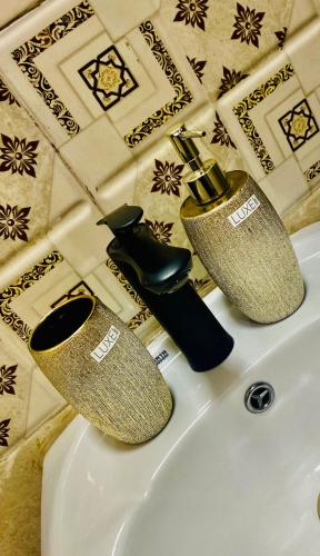 a bathroom sink with a pair of shoes and a faucet at Anna'S Home in Kutaisi