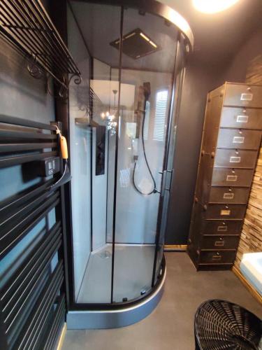 une douche avec une porte vitrée dans une pièce dans l'établissement La Buissonnière, à Veulettes-sur-Mer