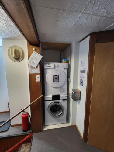 a washer and dryer in a small room at Chalet Lilo 2 Zimmer top mountain view in Beatenberg