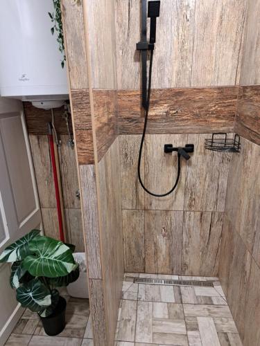 La salle de bains est pourvue d'une douche et d'une porte en bois. dans l'établissement Maja Vendégház, à Dunaalmás