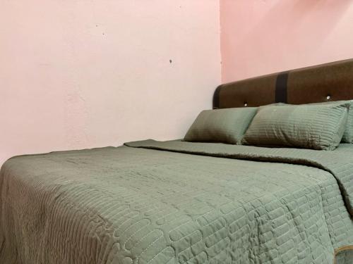 - un lit avec une couette et des oreillers verts dans l'établissement Teratak Tok Ma Rumah Nyatuh, à Kampong Wakaf Tengah