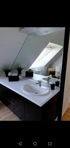 a bathroom with two sinks in a room at Chambre d'hôtes chez Marie in Coëtmieux