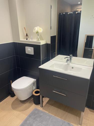 a bathroom with a white toilet and a sink at Chambre privée au cœur de Bayeux in Bayeux