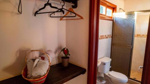 y baño con aseo, lavabo y ducha. en Hotel y restaurante LA CACHAMERA, en Granada