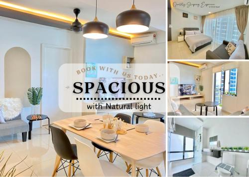 a collage of photos of a living room and dining room at Breezy 2-10Pax 2R2B Trefoil Setia City Shah Alam SiS Homestay in Shah Alam