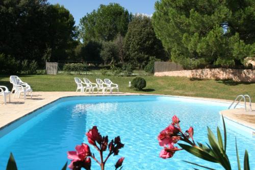 - une piscine avec des chaises et des fleurs dans la cour dans l'établissement Lou Petarel Charming house with shared pool nature an calm in Provence, à Flayosc