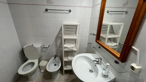 a bathroom with a sink and a toilet and a mirror at Kione Sol y Mar in Alcossebre