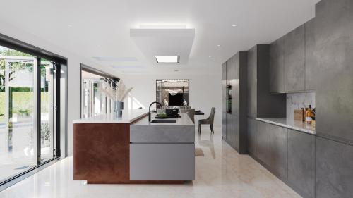 cocina con fregadero y encimera en Luxurious New Build en Nottingham