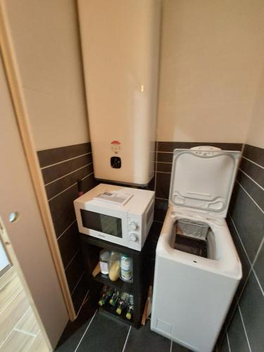 une petite cuisine avec un évier et un micro-ondes dans l'établissement Chambre table d'hôtes Anne-Marie et Jean-Christophe, à Ferrières-en-Bray