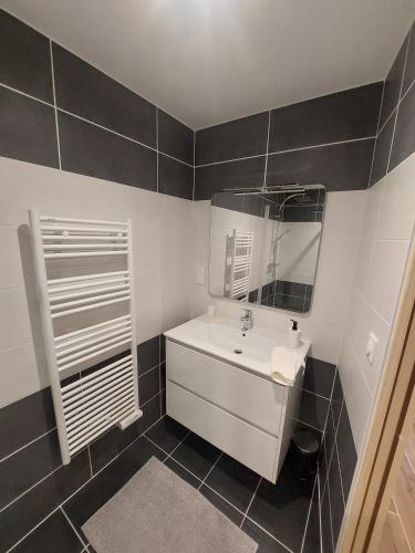 une salle de bain avec un lavabo blanc et un miroir dans l'établissement Chambre table d'hôtes Anne-Marie et Jean-Christophe, à Ferrières-en-Bray