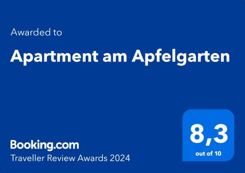 Un certificado, premio, letrero u otro documento en Apartment am Apfelgarten