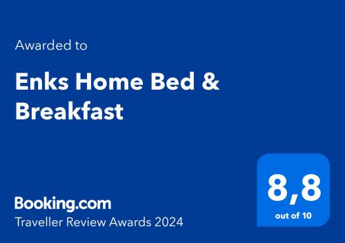 Certifikat, nagrada, logo ili neki drugi dokument izložen u objektu Enks Home Bed & Breakfast
