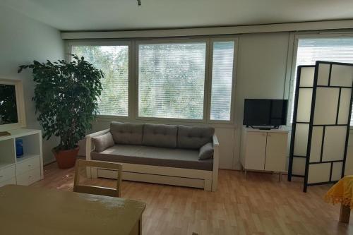 a living room with a couch and a tv at Huoneisto 1 - 4 hengelle in Strömfors