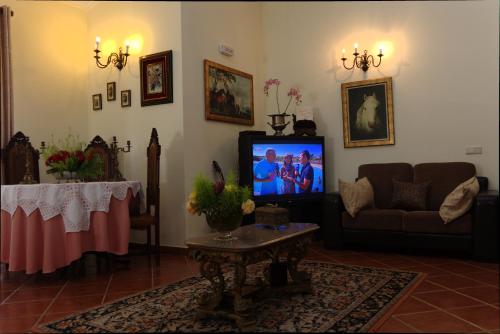 a living room with a tv and a couch and a table at Casa Das Aguas Ferreas in Estação do Mogadouro